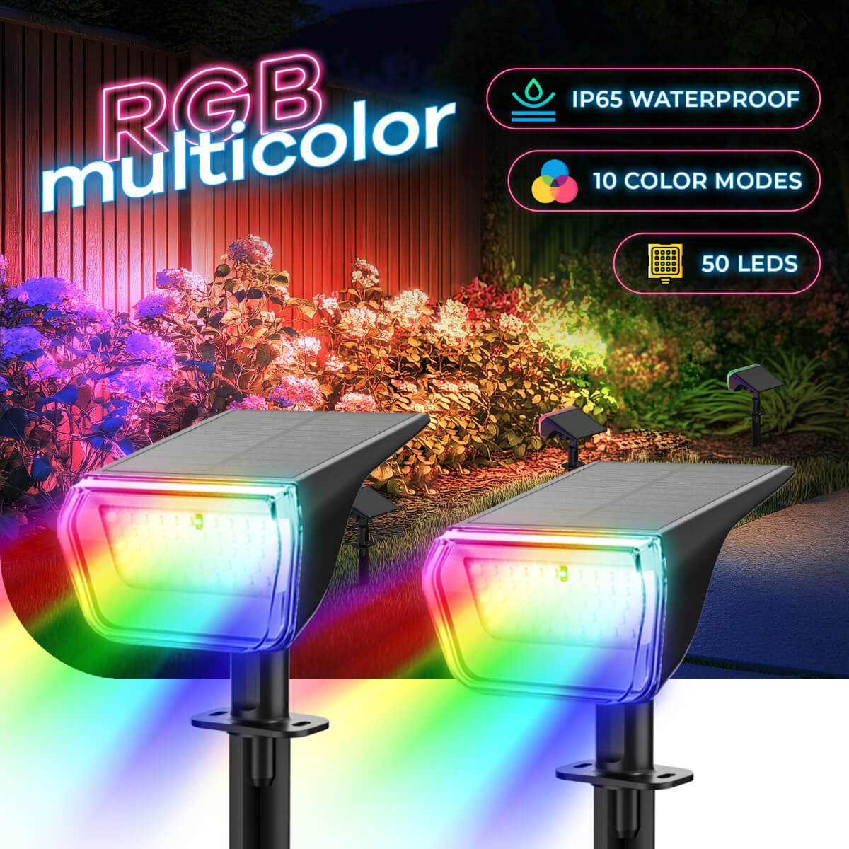 SYVIO RGB Solar Spotlight, 50 LEDs, 10 Modes IP65 Outdoor