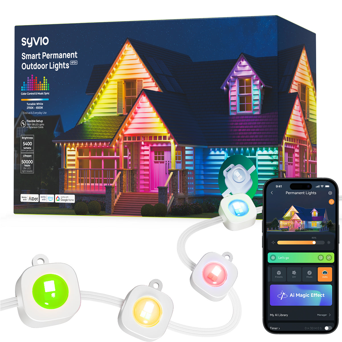 SYVIO HP3 100ft Smart RGBTW Permanent Eave Lights