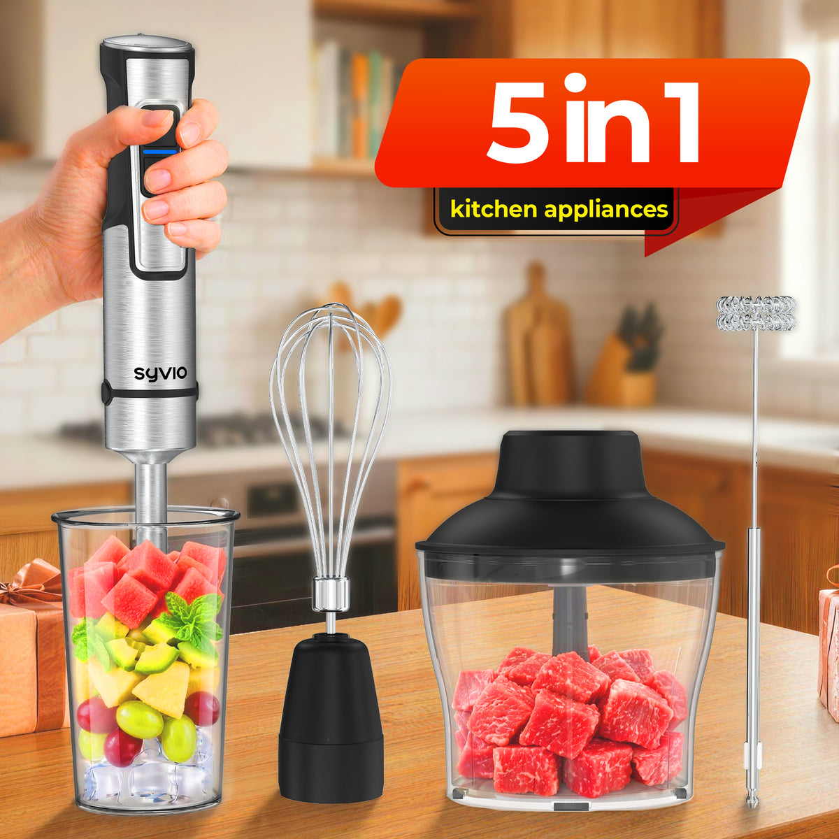 SYVIO Immersion Blender, 5-in-1/8-in-1, 16-Speed
