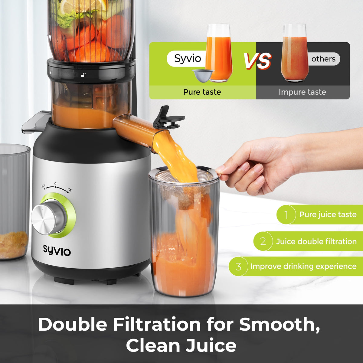 Syvio Cold Press Juicer, Juicer Machine with 4.3" Feed Chute, Slow Masticating Juicer for Fruits and Vegetables, Juice Maker with High Juice Yield, BPA-Free, Easy to Clean, Black Silver