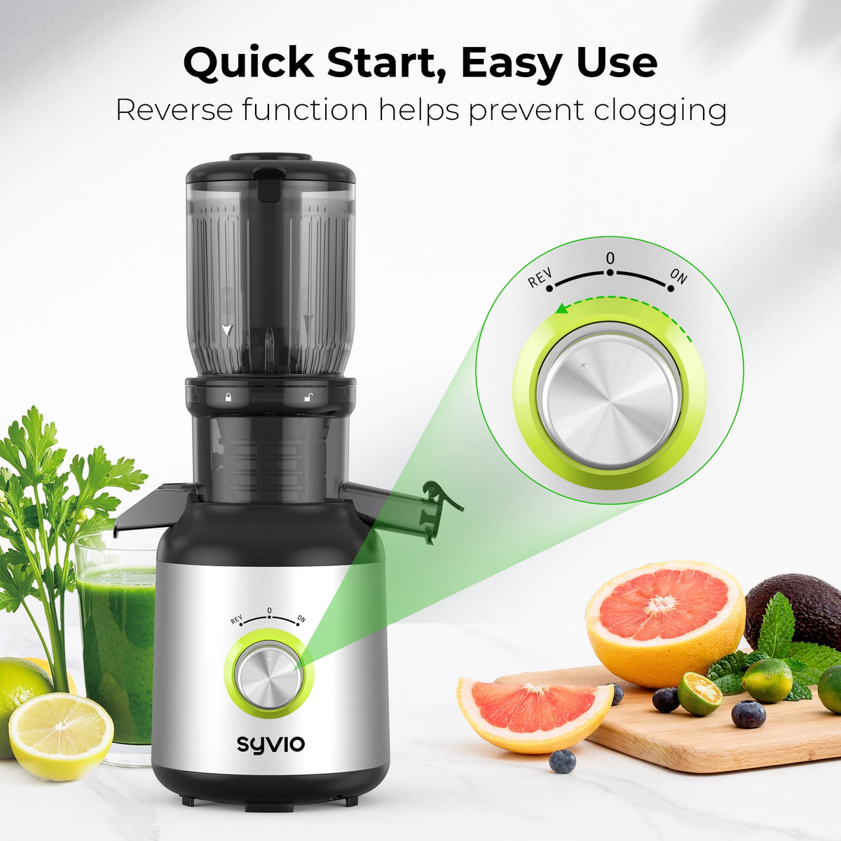 Syvio Cold Press Juicer, Juicer Machine with 4.3" Feed Chute, Slow Masticating Juicer for Fruits and Vegetables, Juice Maker with High Juice Yield, BPA-Free, Easy to Clean, Black Silver