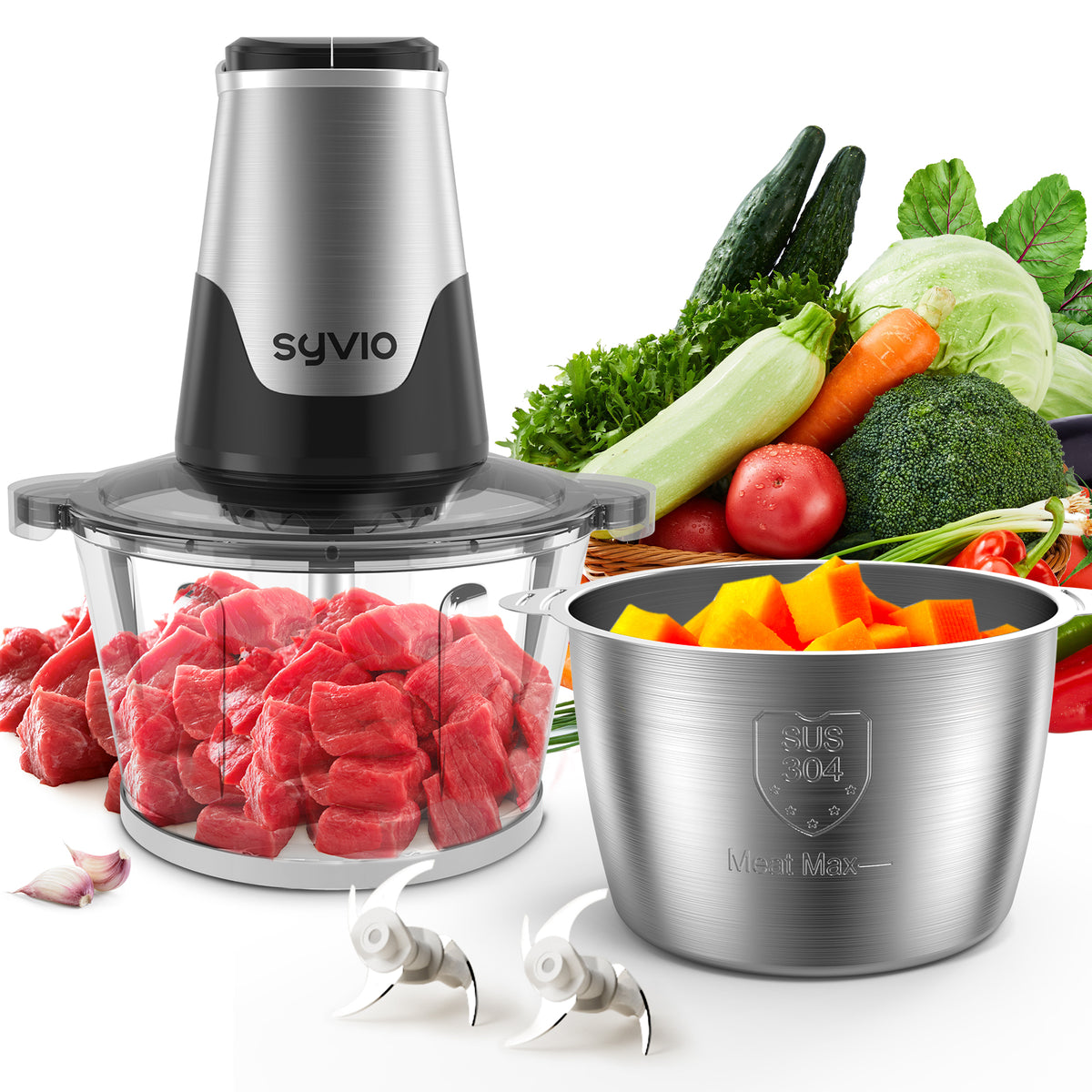 SYVIO Food Processor, Mini Food Chopper & Meat Grinder, 2 Bowls