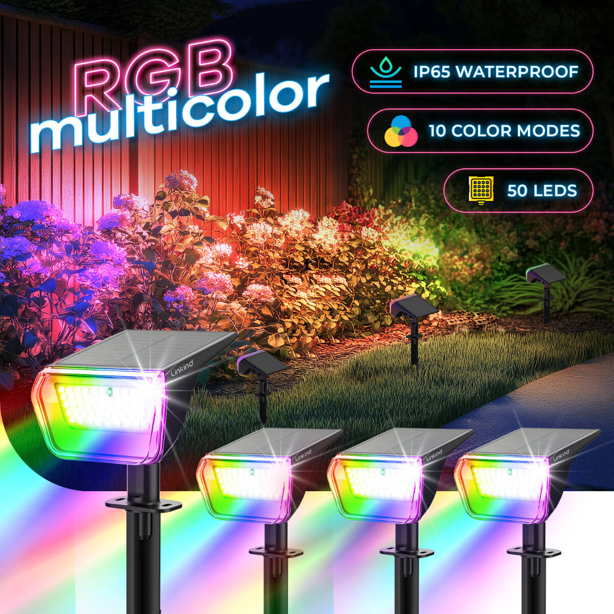 SYVIO RGB Solar Spotlight, 50 LEDs, 10 Modes IP65 Outdoor