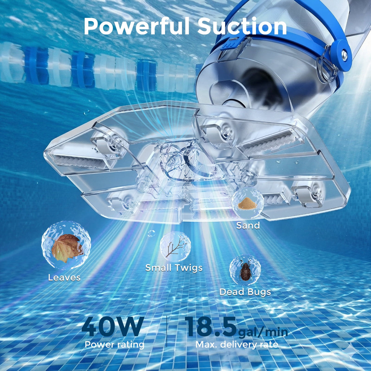 SYVIO 40W Cordless Handheld Pool Vacuum Cleaner, 18.5 GPM Rechargeable Pool Vacuum, 75 Min Runtime, 2 Hr Fast Charging for Pool, Spa & Hot Tub with 87.5" Telescopic Pole