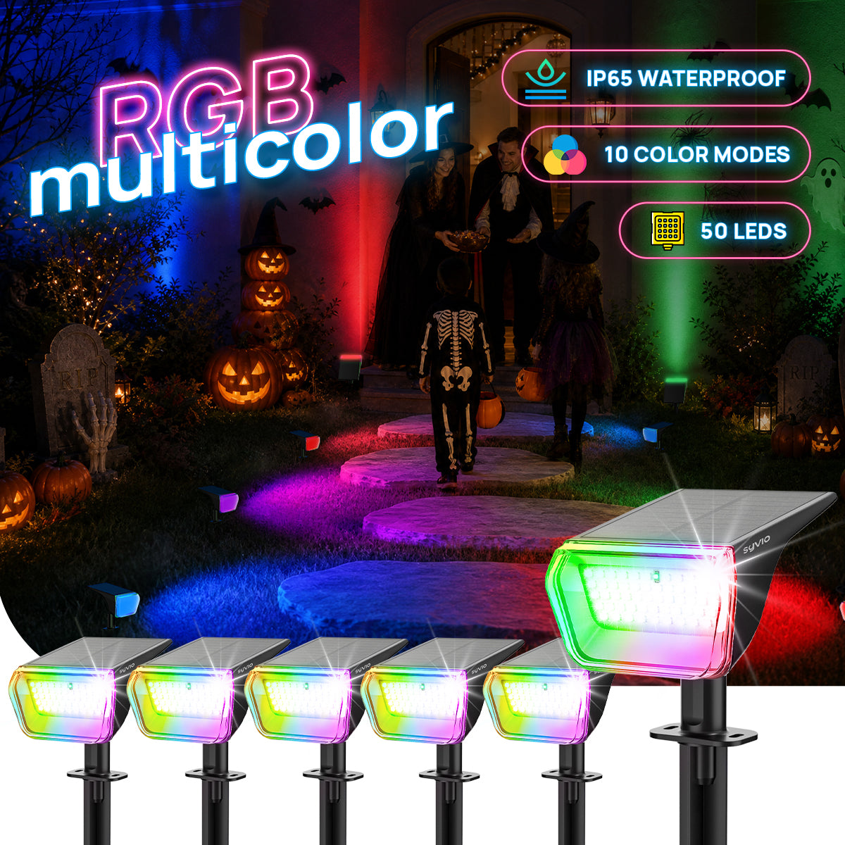 SYVIO RGB Solar Spotlight, 50 LEDs, 10 Modes IP65 Outdoor