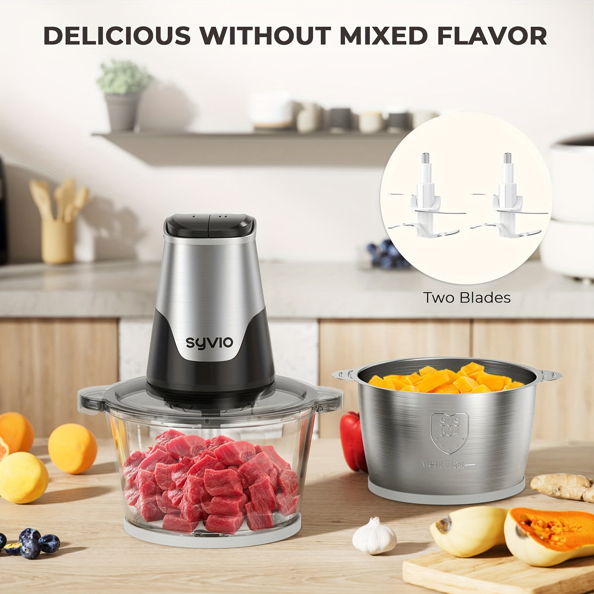 SYVIO Food Processor, Mini Food Chopper & Meat Grinder, 2 Bowls