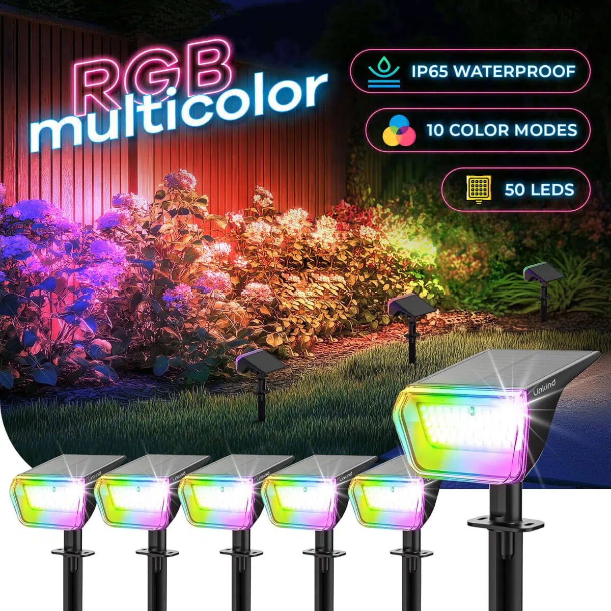 SYVIO RGB Solar Spotlight, 50 LEDs, 10 Modes IP65 Outdoor