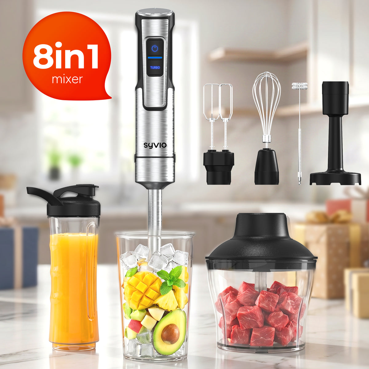 SYVIO Immersion Blender, 5-in-1/8-in-1, 16-Speed