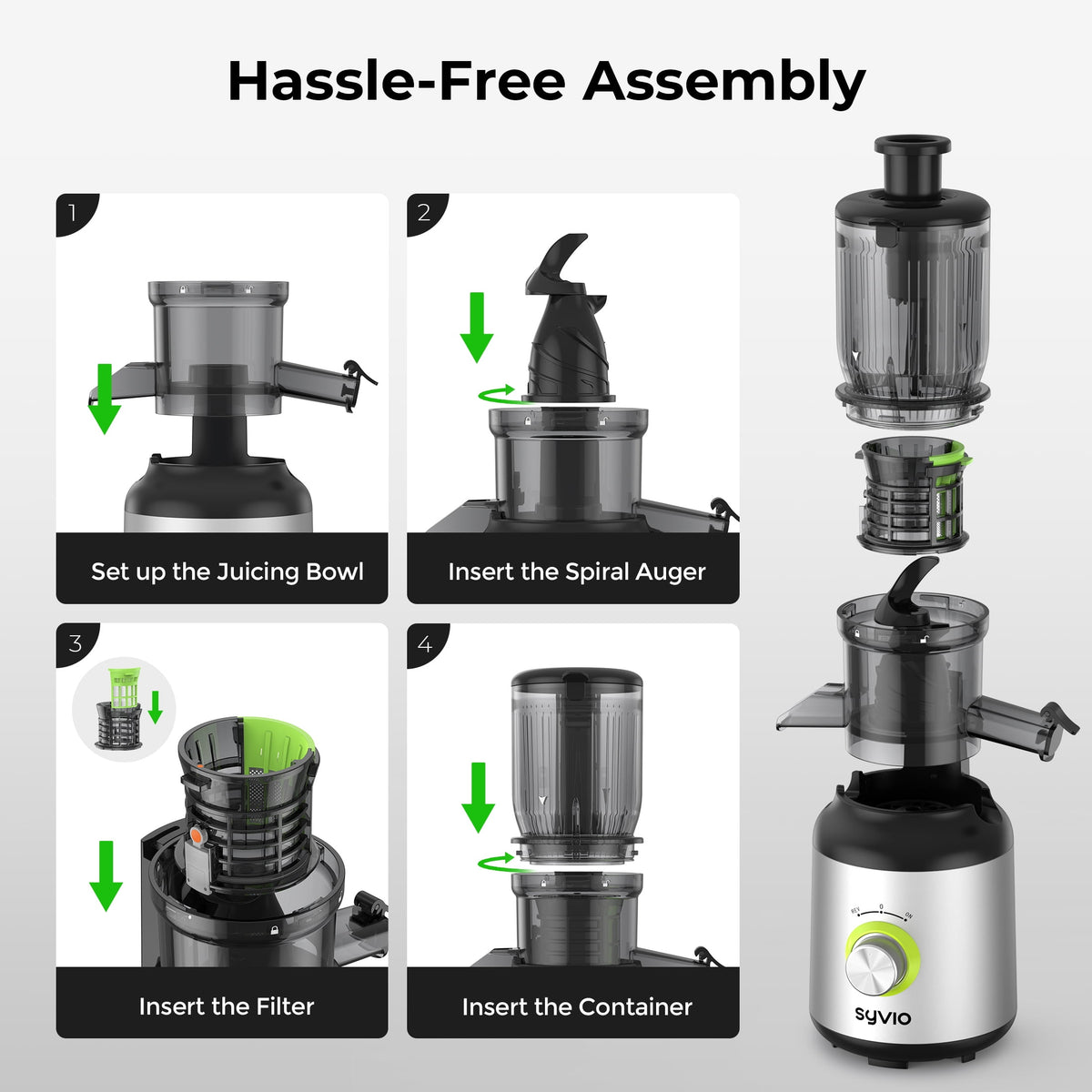 Syvio Cold Press Juicer, Juicer Machine with 4.3" Feed Chute, Slow Masticating Juicer for Fruits and Vegetables, Juice Maker with High Juice Yield, BPA-Free, Easy to Clean, Black Silver